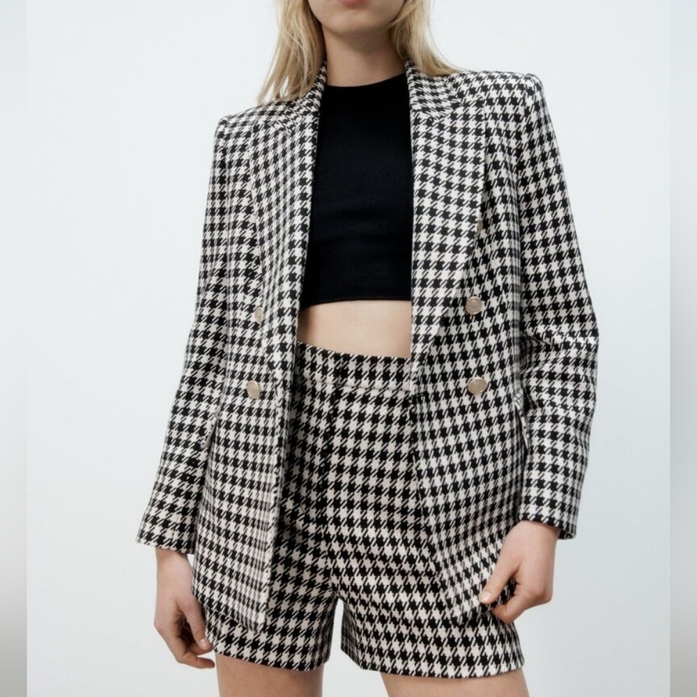 Zara Double Breasted Gold Button Houndstooth Blaz… - image 3